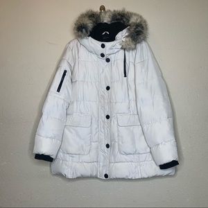 Women's White Fur-Trimmed Hooded Jacket